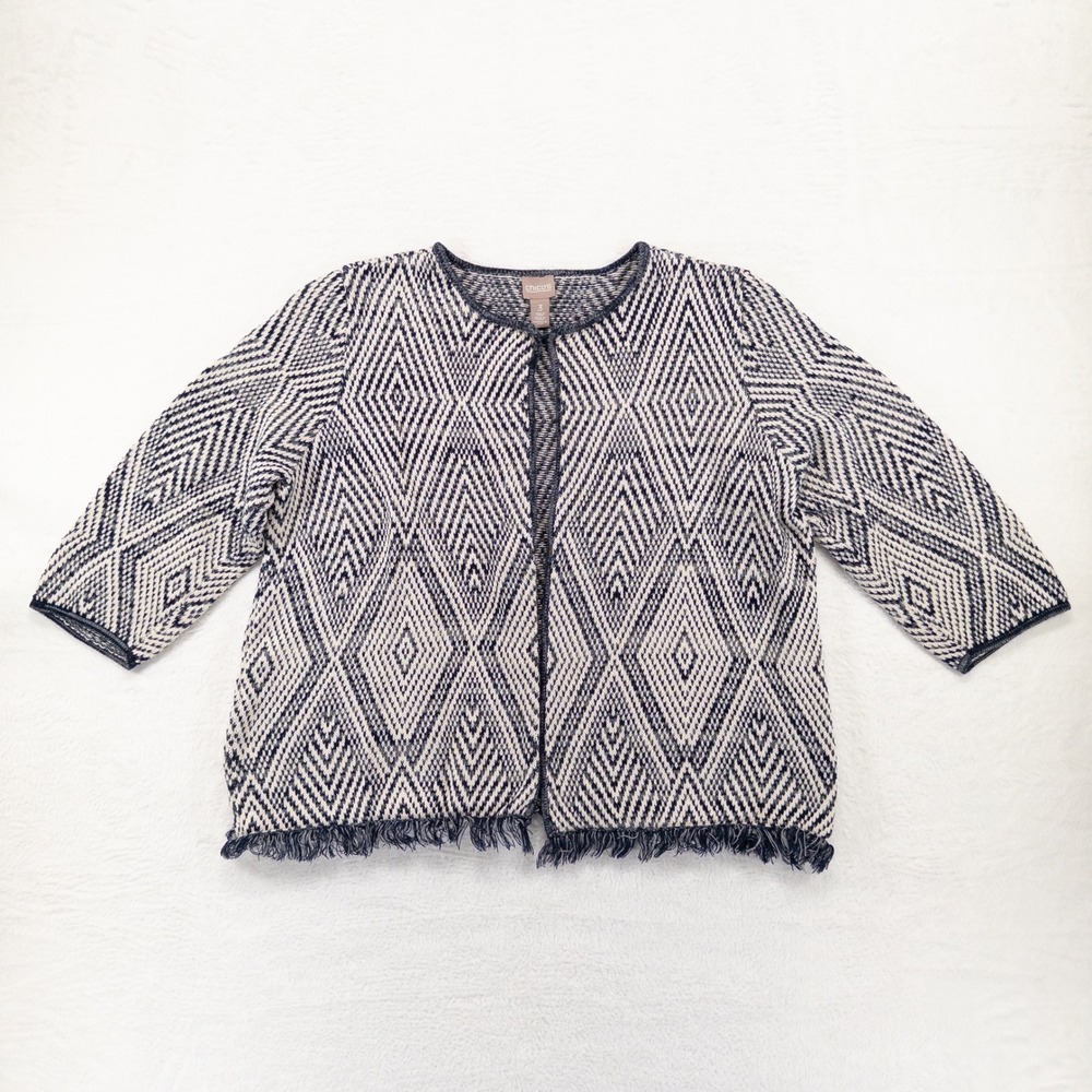 Chico's Cardigan Sweater 3 US XL Blue White Diamond Fringe Ikat Cotton Knit *